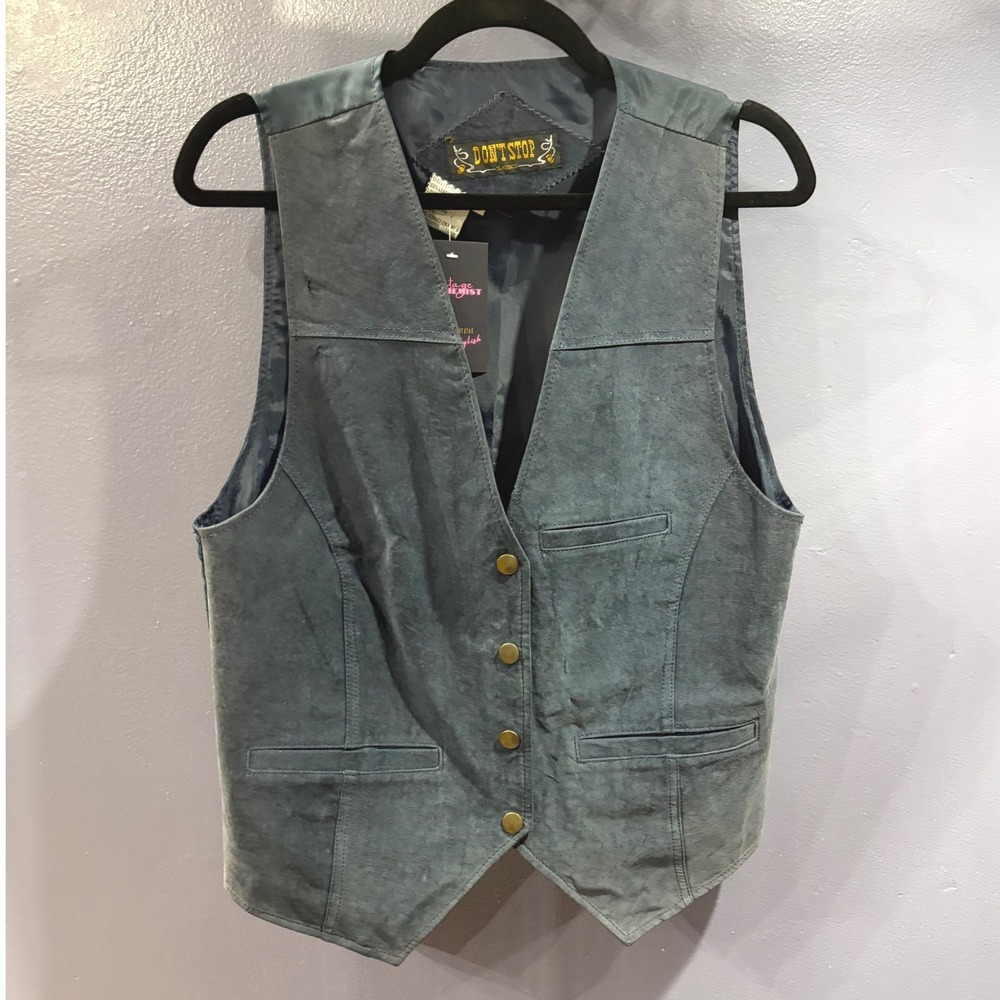 Unisex Blue Suede Leather Vest Waistcoat Size M Vintage Western Festival Vtg
